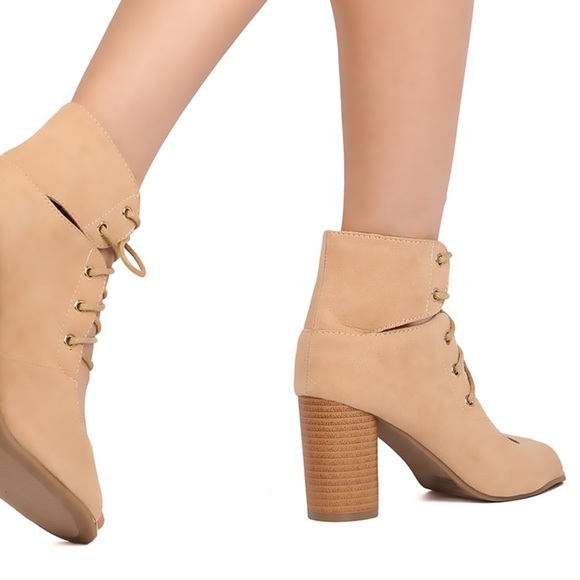 Sand Lace Up Gladiator Peep Toe Block Heel Booties - Picture 3 of 3